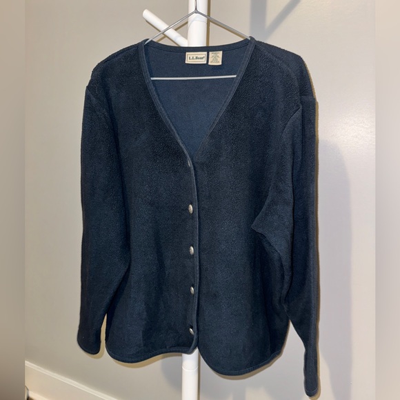 LL Bean Navy Cotton Blend w/Unique Pewter Buttons Sherpa Texture V-Neck Cardigan - Picture 1 of 7